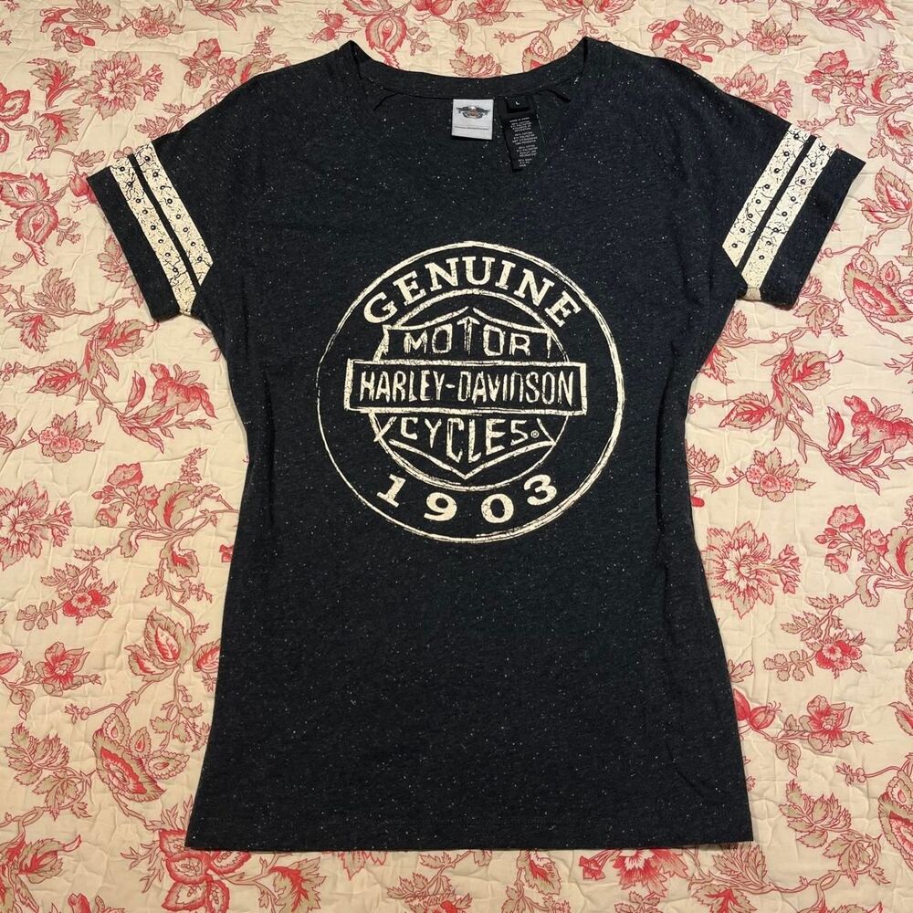 Harley-davidson Women's Grey and Black T-shirt